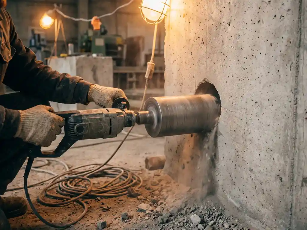 Diamantboor prikt door betonnen muur met stof en puin rond cirkelvormige opening, elektrische kabels klaar om erdoor te worden geregen