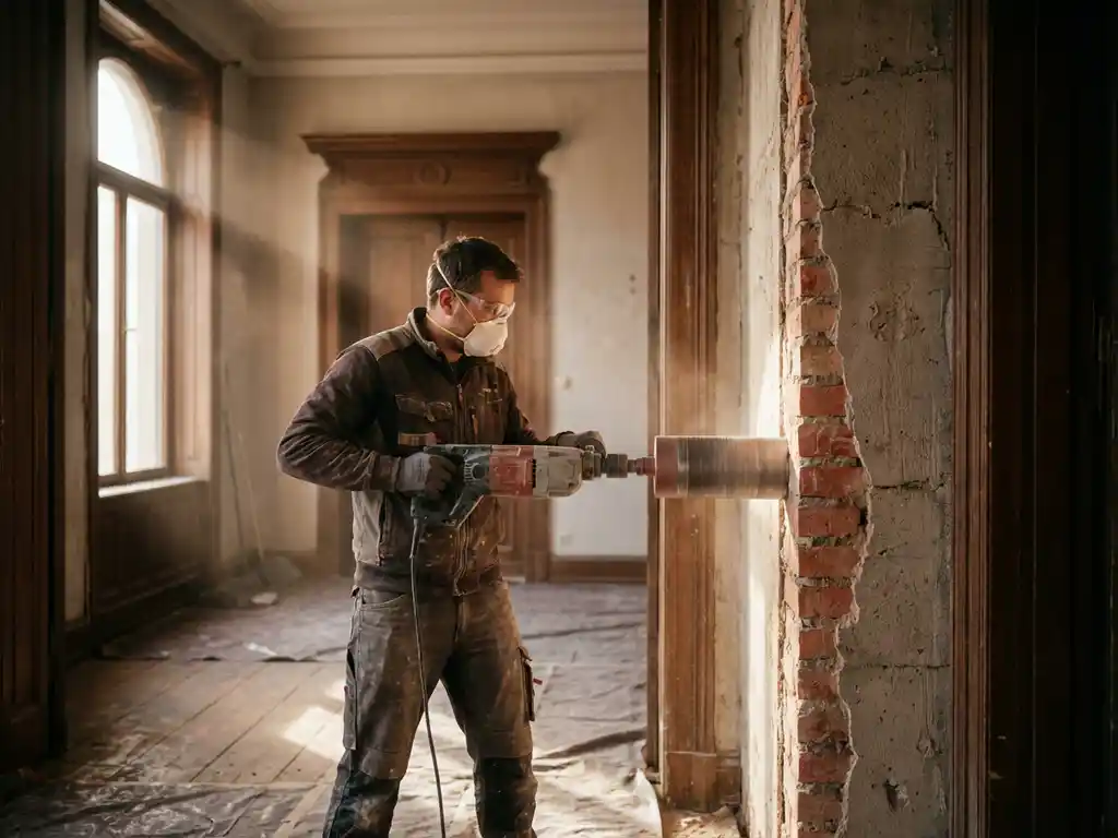 Vakman boort met diamantkernboor door betonnen draagmuur in jaren 30 woning, zichtbare bakstenen en mortel in doorsnede