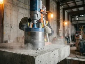 Diamond drill head drills perfectly round hole in gray concrete wall with dust particles and gloved hands on construction site