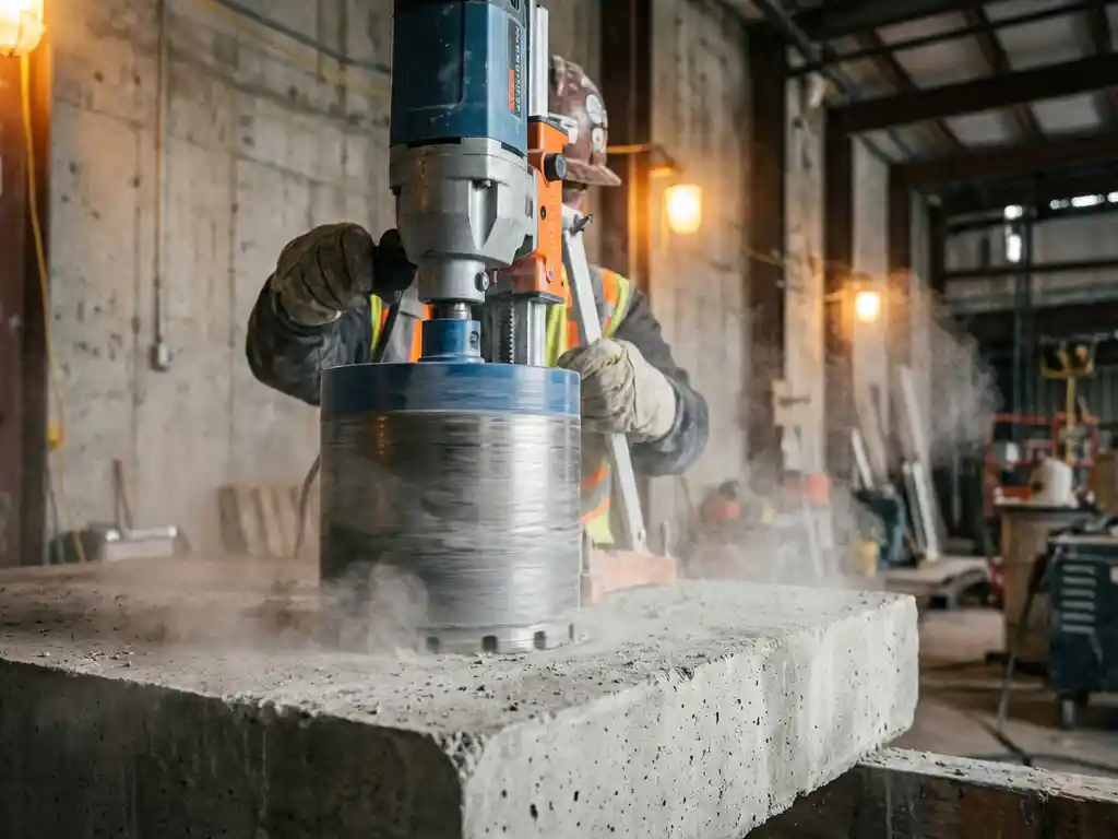 Diamantboorkop boort perfect rond gat in grijze betonwand met stofdeeltjes en gehandschoende handen op bouwplaats