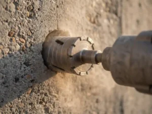 Professionele diamantboor boort precisie gat in grijze betonnen muur met zichtbaar betonpoeder in de lucht