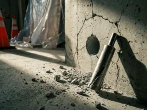 Gebarsten betonnen muur met precisie diamantboorgat omringd door betonschilfers, professionele diamantboor en oranje veiligheidskegels