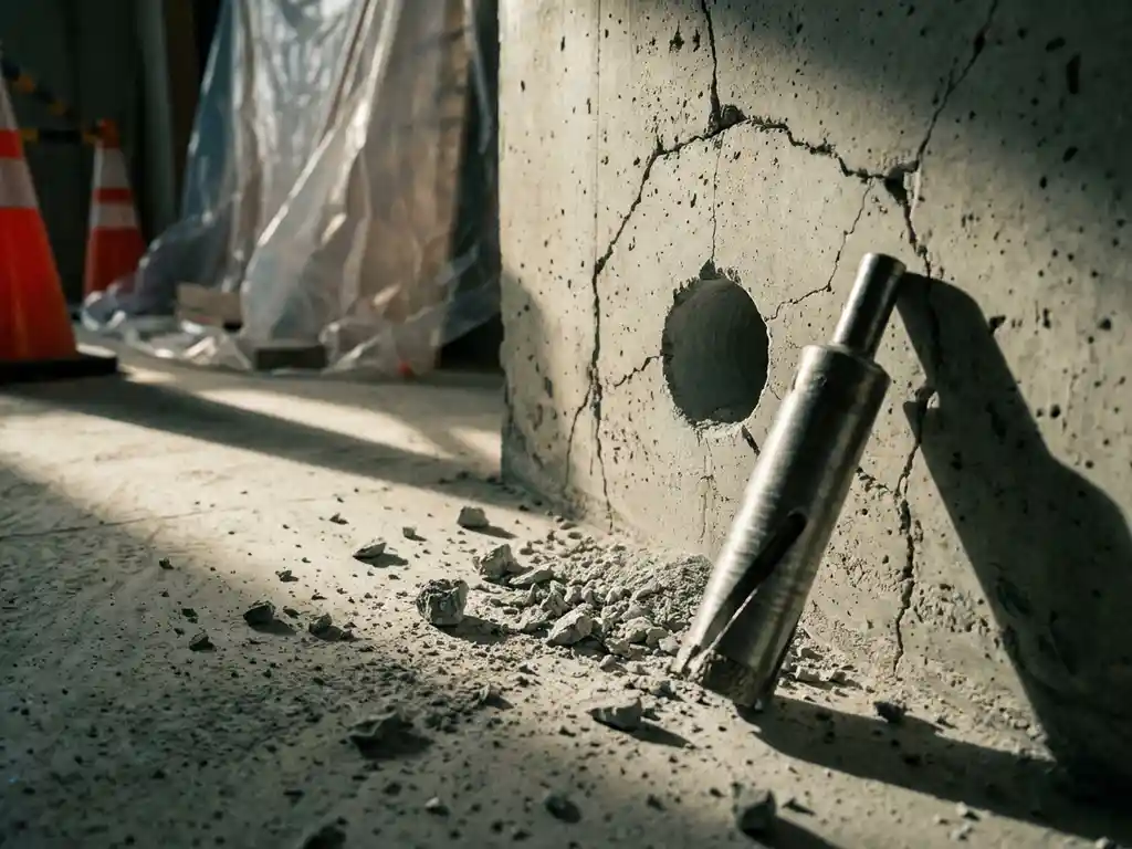 Gebarsten betonnen muur met precisie diamantboorgat omringd door betonschilfers, professionele diamantboor en oranje veiligheidskegels