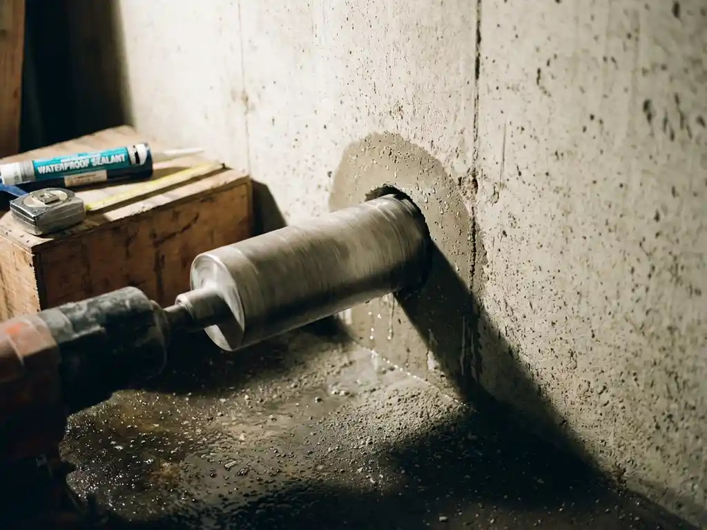 Professionele diamantboor boort precies gat in dikke betonnen keldermuur met waterdruppels en gereedschap nabij