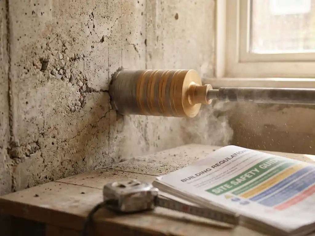Professionele diamantboor doorboort betonnen muur met zwevend stof, meetlint en bouwvoorschriften op werkoppervlak