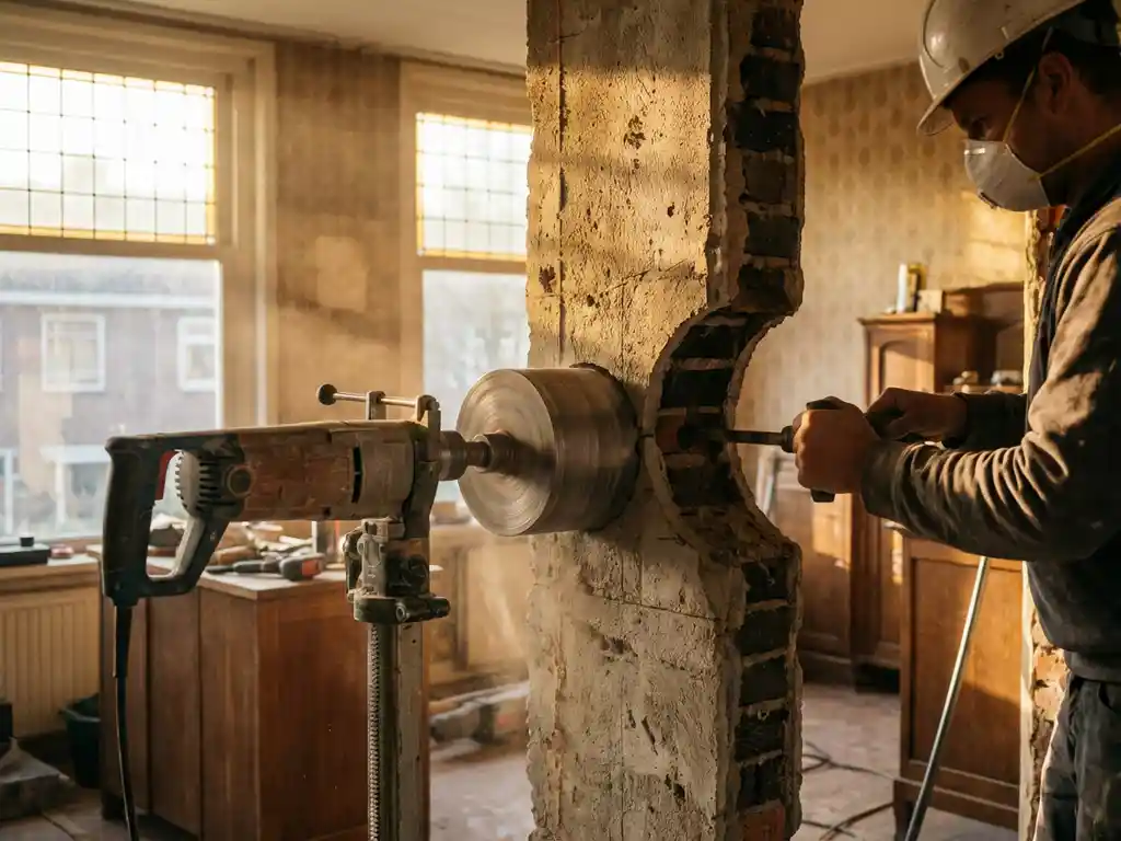 Bouwvakker gebruikt diamantboor om precies door betonnen draagmuur te boren in jaren 70 Nederlands huis interieur