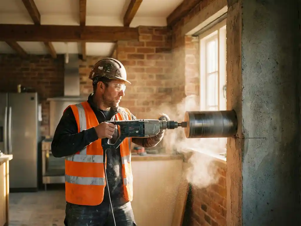 Bouwvakker gebruikt diamantkernboor om gat te boren in betonnen muur tussen keuken en woonkamer, betonpoeder in zonlicht