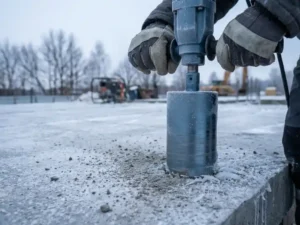 Professionele diamantboor boort door bevroren betonoppervlak terwijl bouwvakker met handschoenen de zware boormachine vasthoudt