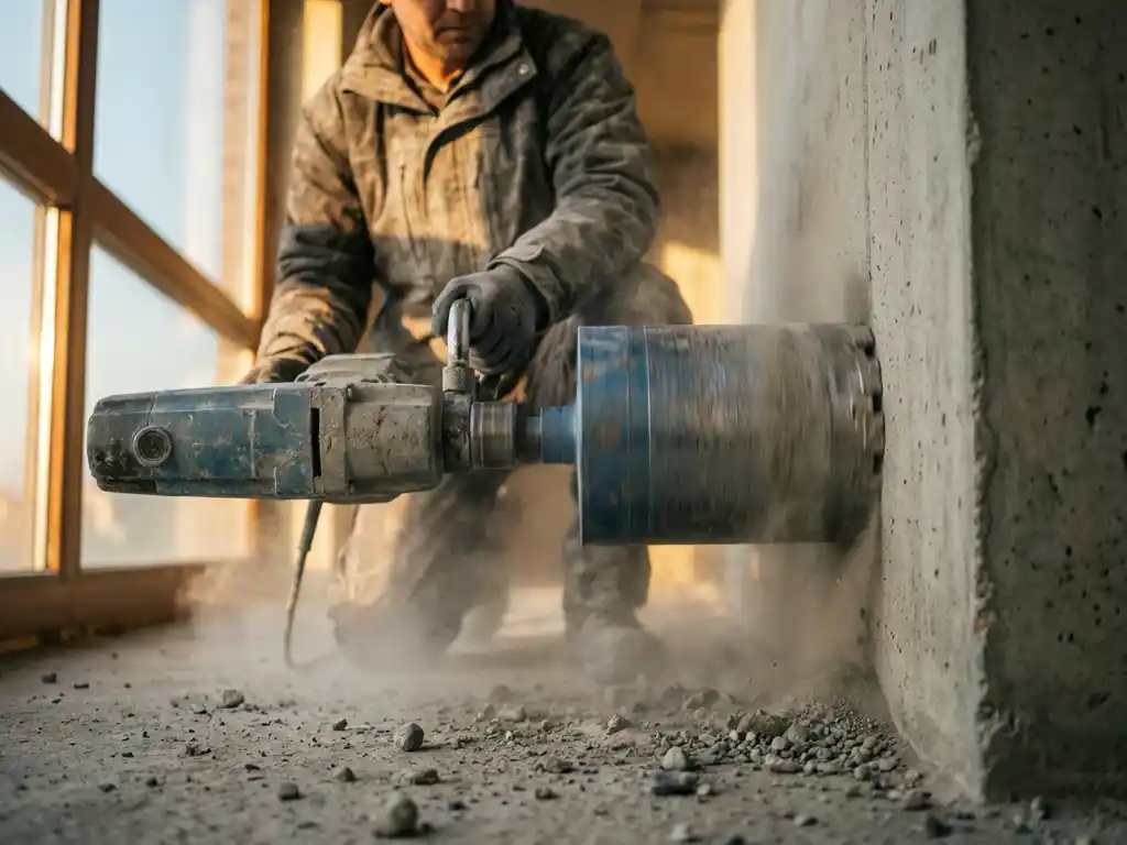 Diamant kernboor prikt door betonnen muur voor airco-installatie, werker bedient professionele boorapparatuur