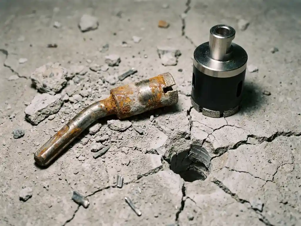 Versleten roestige diamantboor naast professionele diamantkernboor op gebarsten beton met puin en dramatische industriële belichting