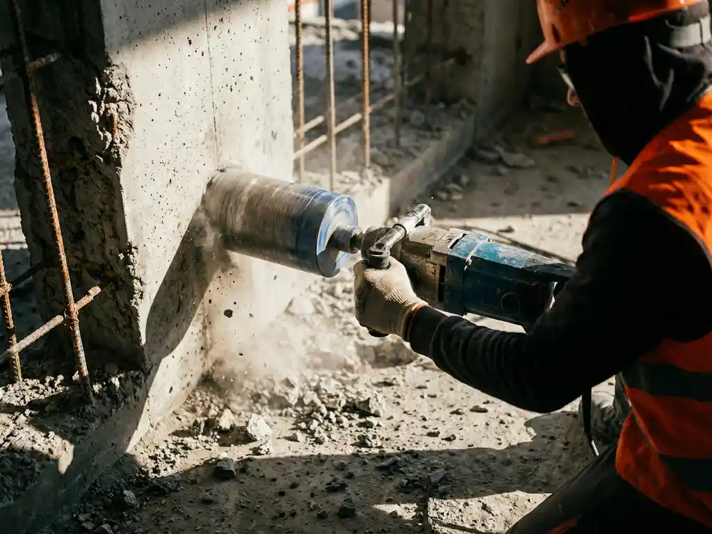 Professionele diamantkernboormachine boort precisiegat door dikke betonnen muur, bouwvakker in handschoenen bedient apparaat
