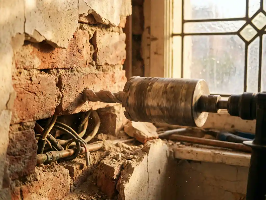 Diamantboor doorboort verweerde bakstenen muur en onthult verborgen elektrische kabels en oude leidingen in stoffig zonlicht