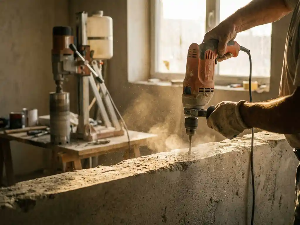 Hand met consumentenboormachine boven betonnen muur, professionele diamantbooruitrusting op werkbank, stofdeeltjes in zonlicht