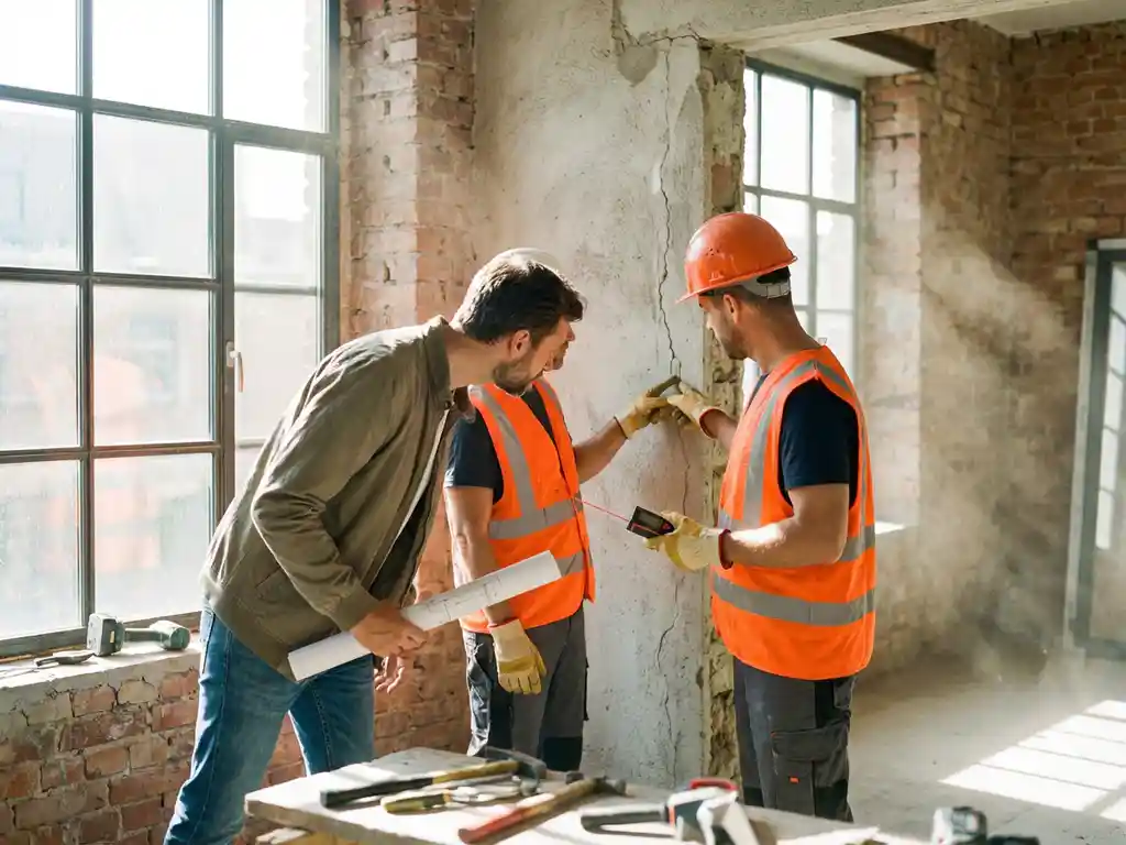 Bouwvakker in veiligheidskleding onderzoekt betonnen draagmuur met meetgereedschap terwijl hij homeowner adviseert