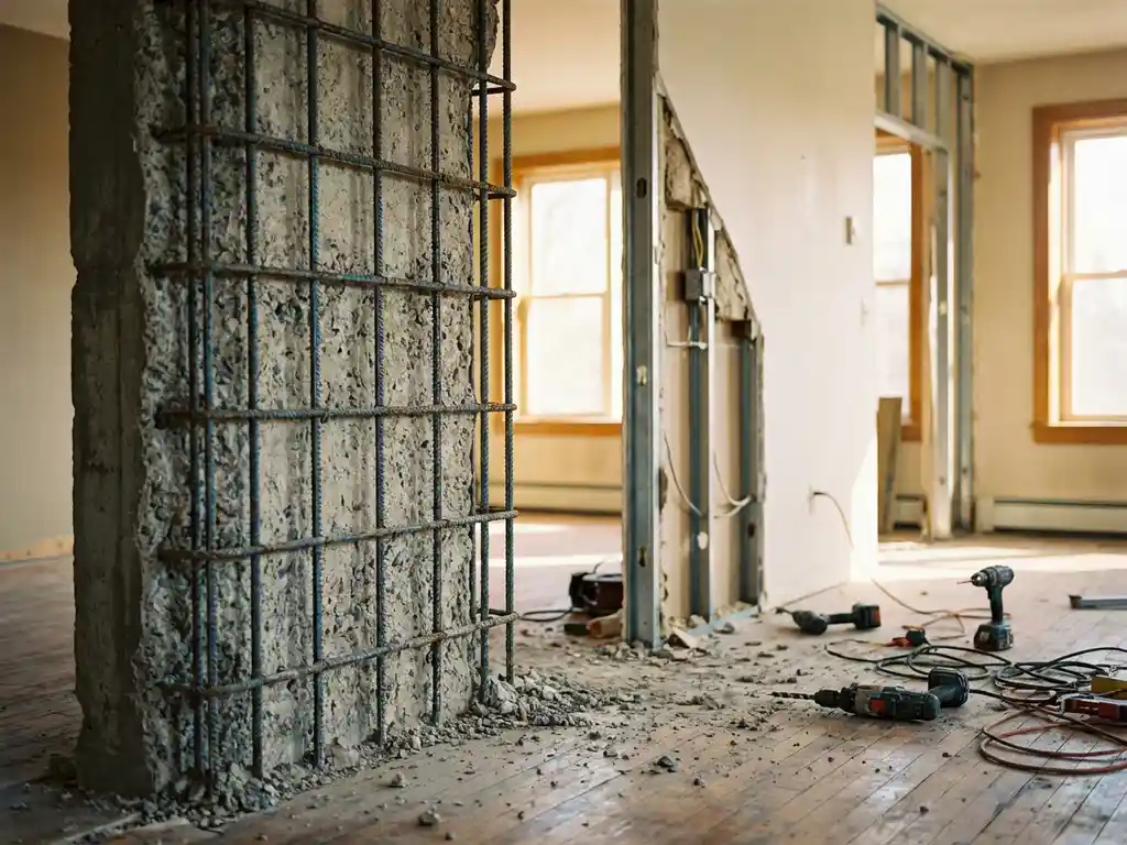 Doorsnede van huisinterieur toont dikke betonnen draagmuur met wapening naast dunne gipsplaatscheidingswand