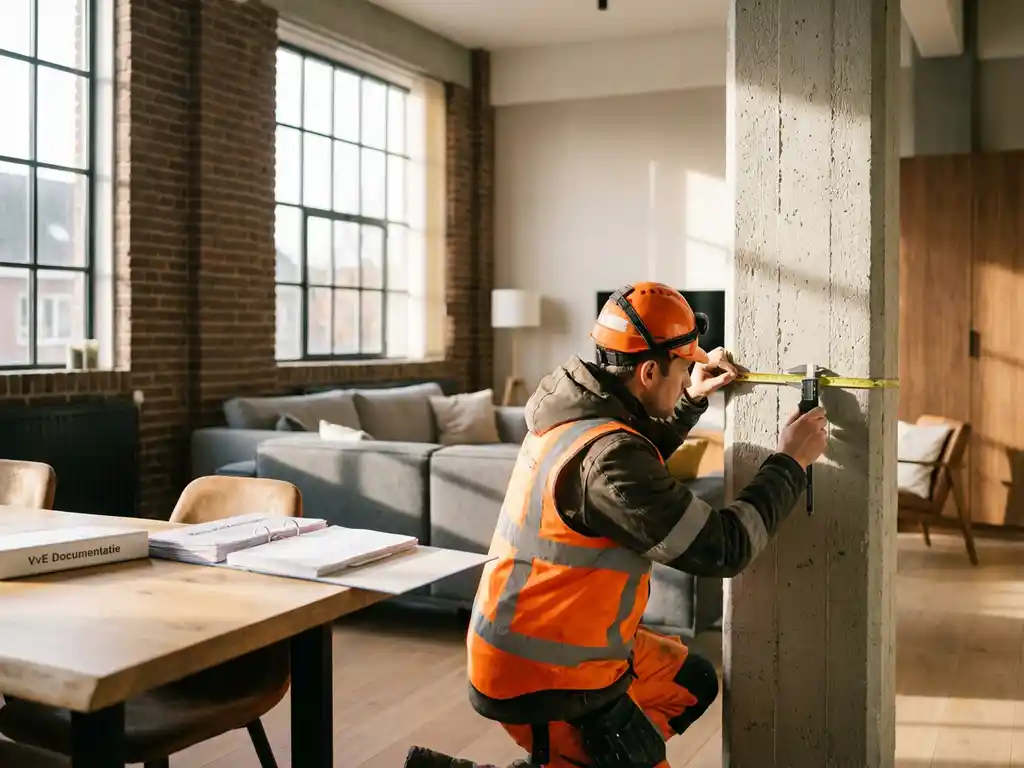 Bouwkundige inspecteert betonnen draagmuur met meetgereedschap in modern Nederlands appartement met VvE-documenten op tafel
