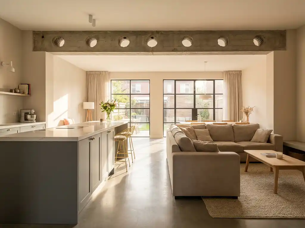 Modern Nederlands rijtjeshuis interieur met open woonruimte, betonnen draagbalk met geboorde gaten, kookeiland en warme zonlicht