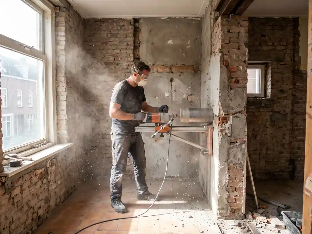 Bouwvakker gebruikt diamantboor om dragende betonnen muur voorzichtig te verwijderen in smal Nederlands rijtjeshuis