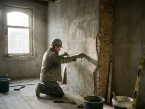Bouwvakker onderzoekt dragende betonnen muur in Nederlandse rijwoning met meetlint en gereedschap op stoffige houten vloer