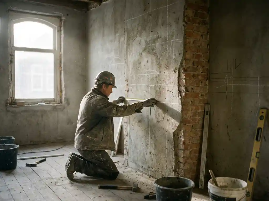 Bouwvakker onderzoekt dragende betonnen muur in Nederlandse rijwoning met meetlint en gereedschap op stoffige houten vloer
