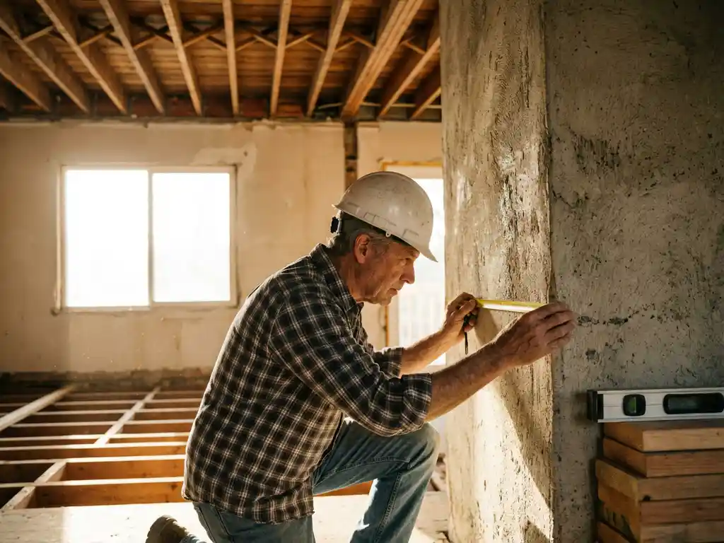 Bouwvakker inspecteert dikke betonnen draagmuur met meetlint, houten vloerbalken en warme namiddagverlichting zichtbaar