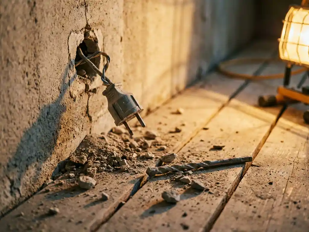 Losse elektrische stekker hangt uit beschadigde betonnen wandcontactdoos met blootliggende bedrading en puin op bouwplaats