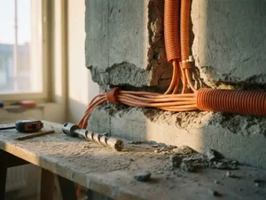 Doorsnede van betonnen muur met oranje elektrische kabels in beschermbuizen, diamant boorkop en gereedschap op werkoppervlak