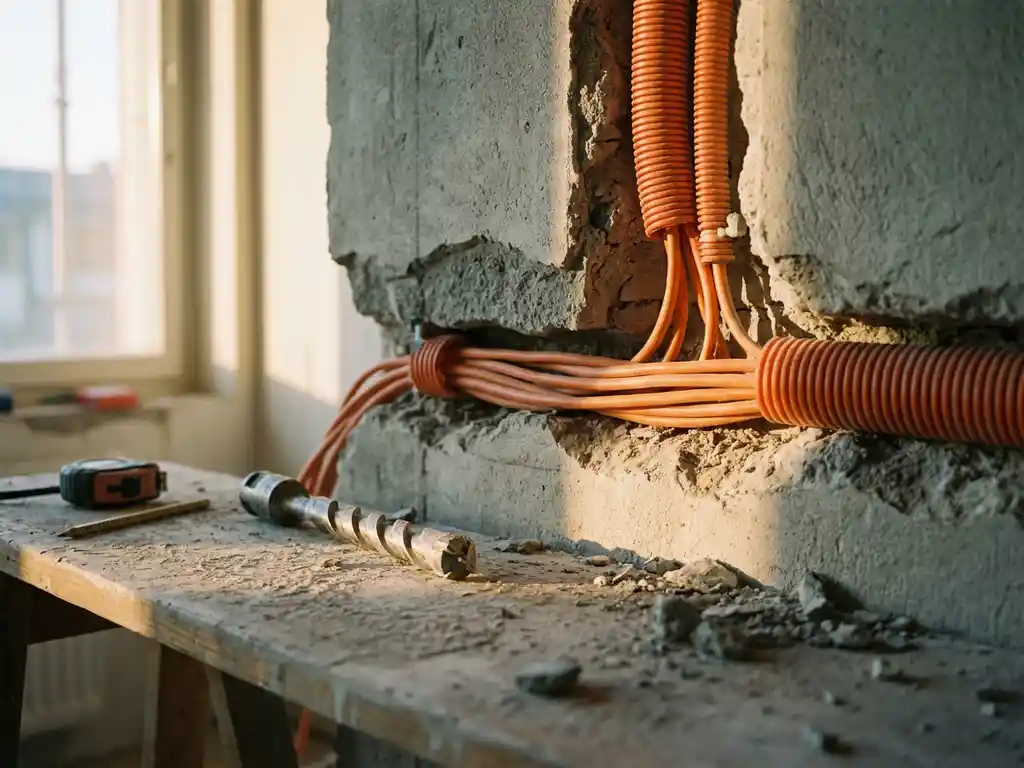 Doorsnede van betonnen muur met oranje elektrische kabels in beschermbuizen, diamant boorkop en gereedschap op werkoppervlak