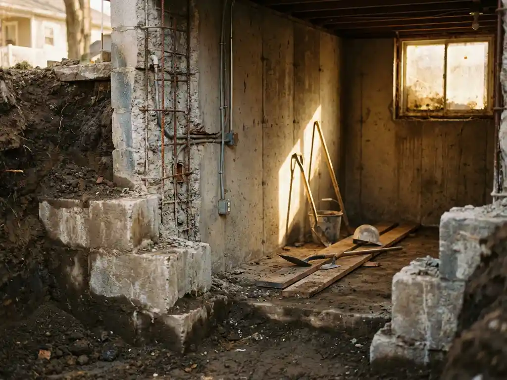 Doorsnede huisfundering met dikke betonblokken in aarde en zichtbare dragende muur met wapening, gereedschap op houten planken