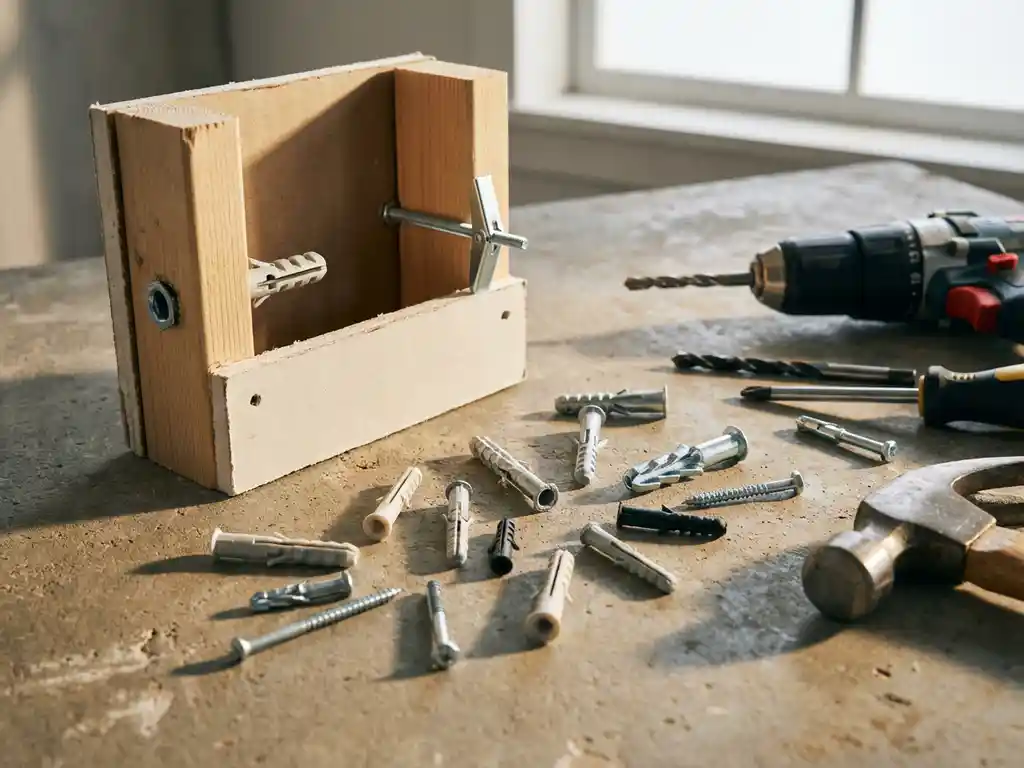 Verschillende pluggen en ankers verspreid op betonnen ondergrond met doorgesneden gipsplaat en professioneel gereedschap