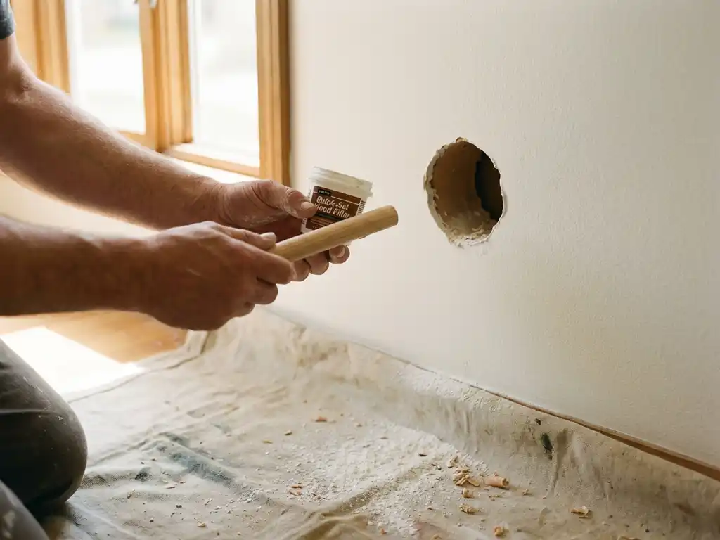 Handen houden houten deuvels en houtvuller bij groot boorgat in witte muur, met gips stof op beschermend zeil