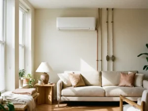Witte split-unit airconditioning gemonteerd aan wand boven moderne bank in lichte woonkamer met koperen leidingen