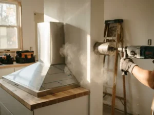 Diamanten kernboor prikt door witte keuken muur met concrete stofdeeltjes in de lucht, roestvrijstalen afzuigkap op aanrecht