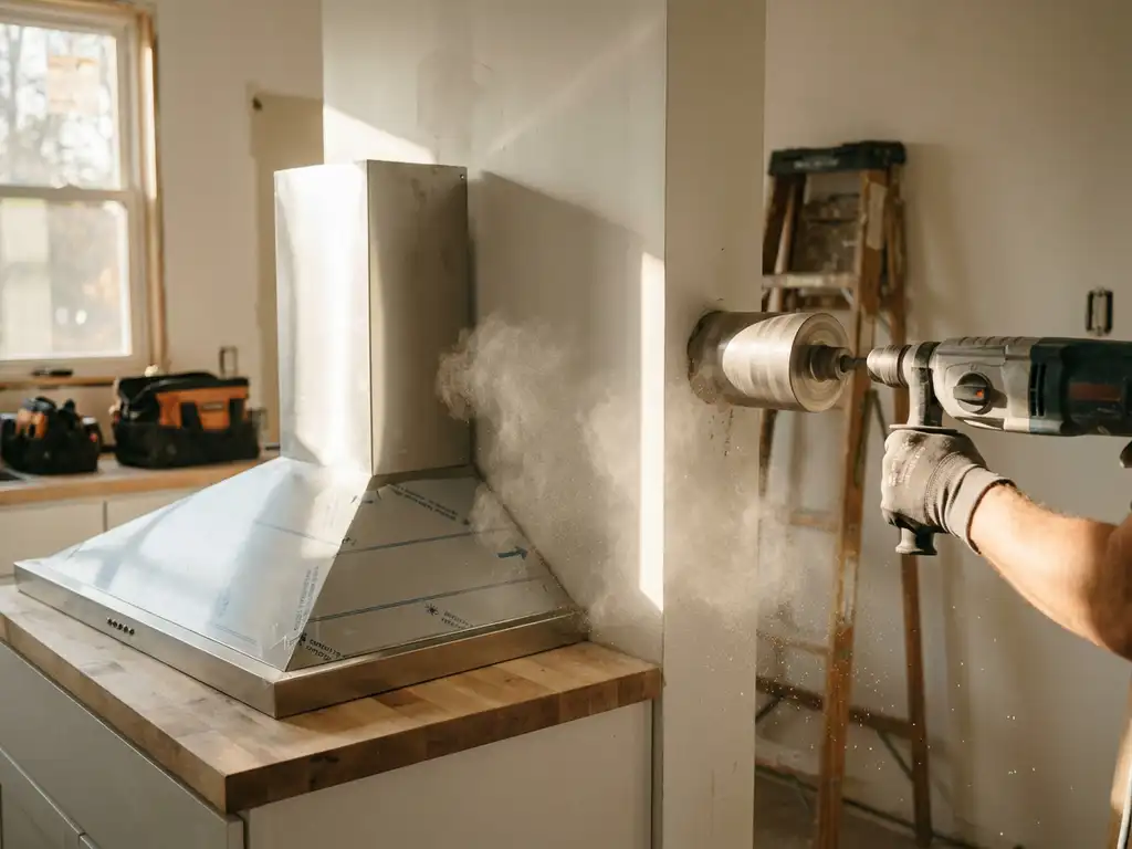 Diamanten kernboor prikt door witte keuken muur met concrete stofdeeltjes in de lucht, roestvrijstalen afzuigkap op aanrecht