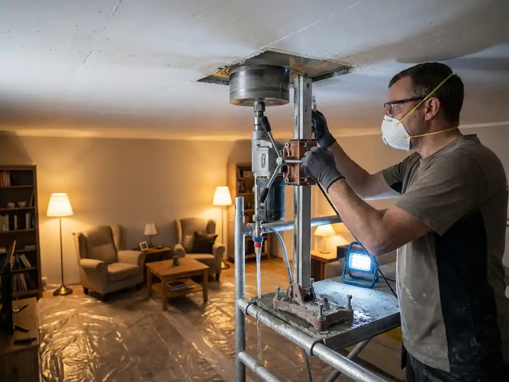 Professionele betonboorspecialist snijdt rechthoekige opening in wit plafond boven woonkamer met diamantbooruitrusting
