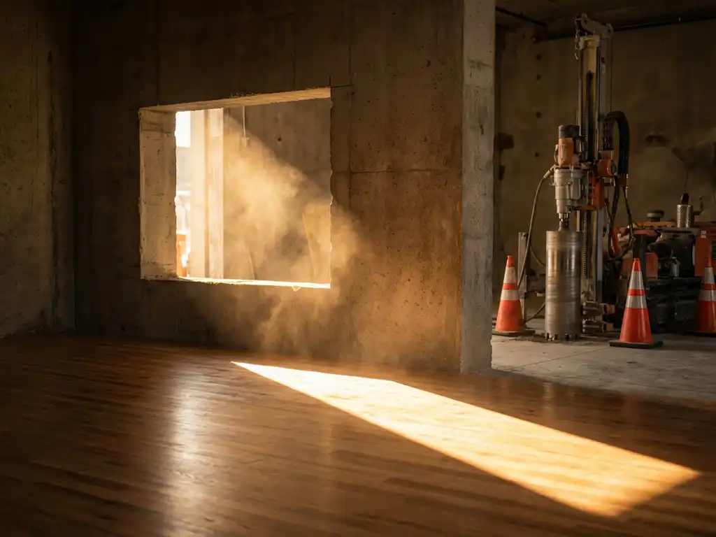 Zonnestraal door rechthoekige opening in betonnen muur verlicht stofdeeltjes en houten vloer, diamantboor gereedschap zichtbaar