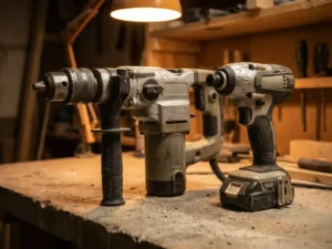 Professional hammer drill and impact drill side by side on a concrete work surface with dust particles.