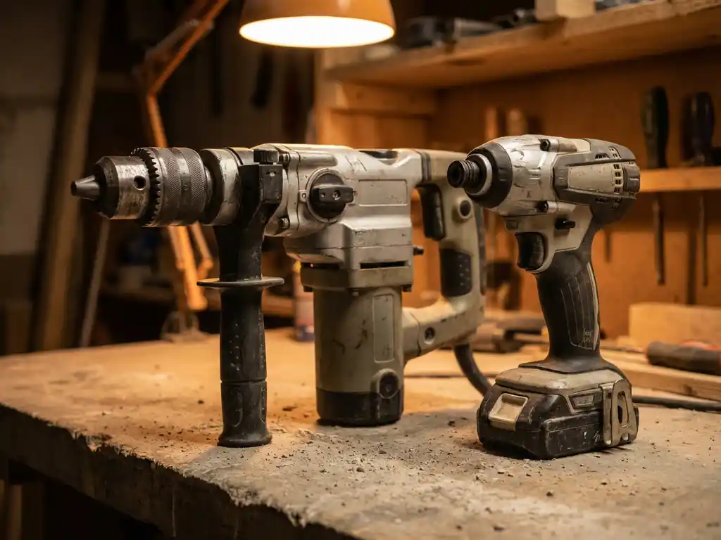 Professionele klopboormachine en slagboormachine naast elkaar op betonnen werkoppervlak met stofdeeltjes