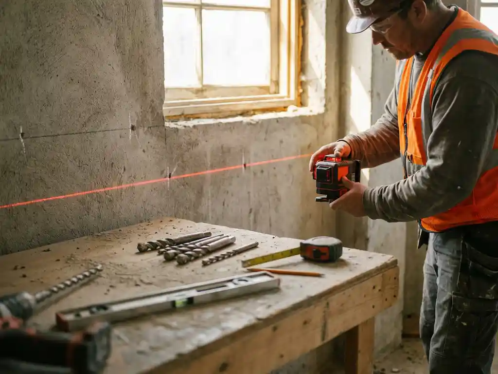 Bouwvakker gebruikt laserwaterpas om boorgaten af te tekenen op betonnen muur met rode laserlijn en gereedschap op werkbank