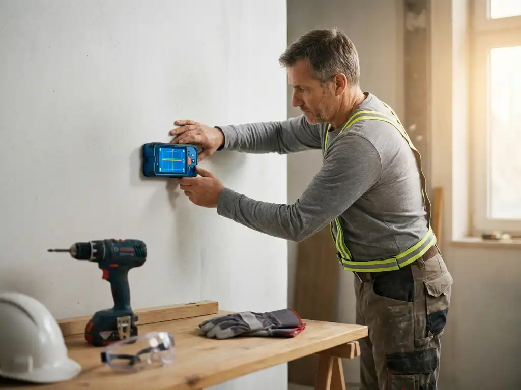 Professionele betonboorspecialist houdt moderne leidingdetector tegen witte muur, apparaat toont kleurrijke ondergrondse leidingen