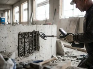 Bouwvakker gebruikt handmetaaldetector om wapening in betonnen muur te lokaliseren op industriële bouwplaats