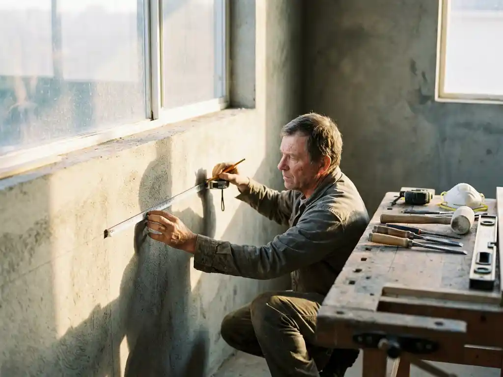 Vakman meet betonnen muur met meetlint voor nieuwe deuropening, gereedschap op werkbank, warme middagzon