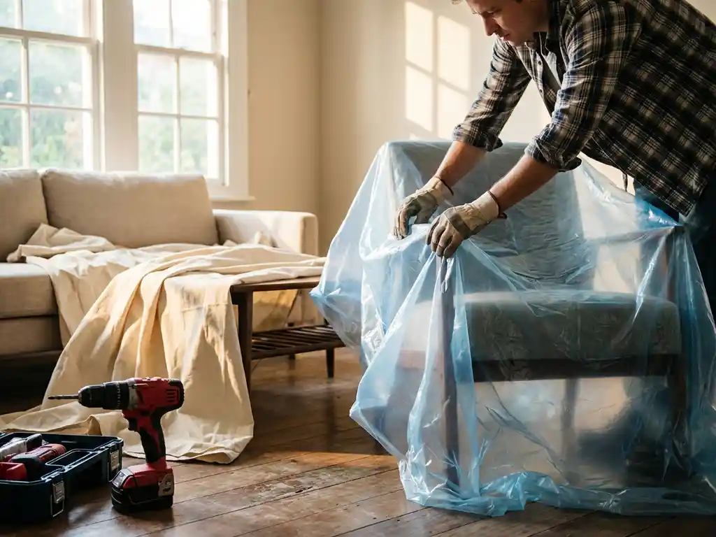 Huiseigenaar bedekt meubels met plastic beschermfolie terwijl professionele booruitrusting klaarstaat op houten vloer