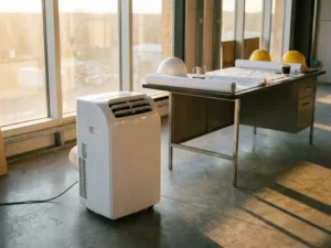 Witte draagbare airconditioner op gepolijste betonvloer in moderne bouwplaats kantoor met blauwdrukken en helmen