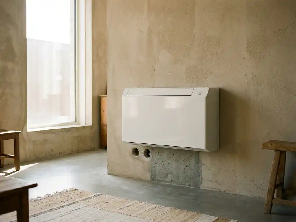 Witte monoblock airco tegen betonnen muur in moderne Nederlandse woning met boorgatten en natuurlijk daglicht