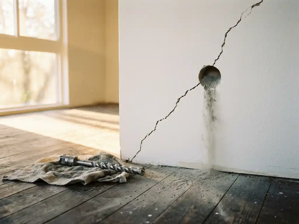 Diagonale scheur in witte muur naast vers geboord gat, met diamantboor en betongruis op donkere houten vloer