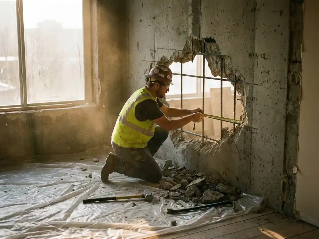 Bouwvakker in veiligheidskleding inspecteert gedeeltelijk gesloopte binnenmuur met zichtbare wapeningsstaven en betonpuin