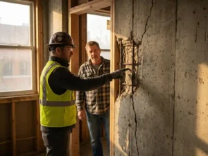 Bouwvakker in veiligheidskleding onderzoekt betonnen muur met wapening terwijl hij overlegt met buur in deuropening