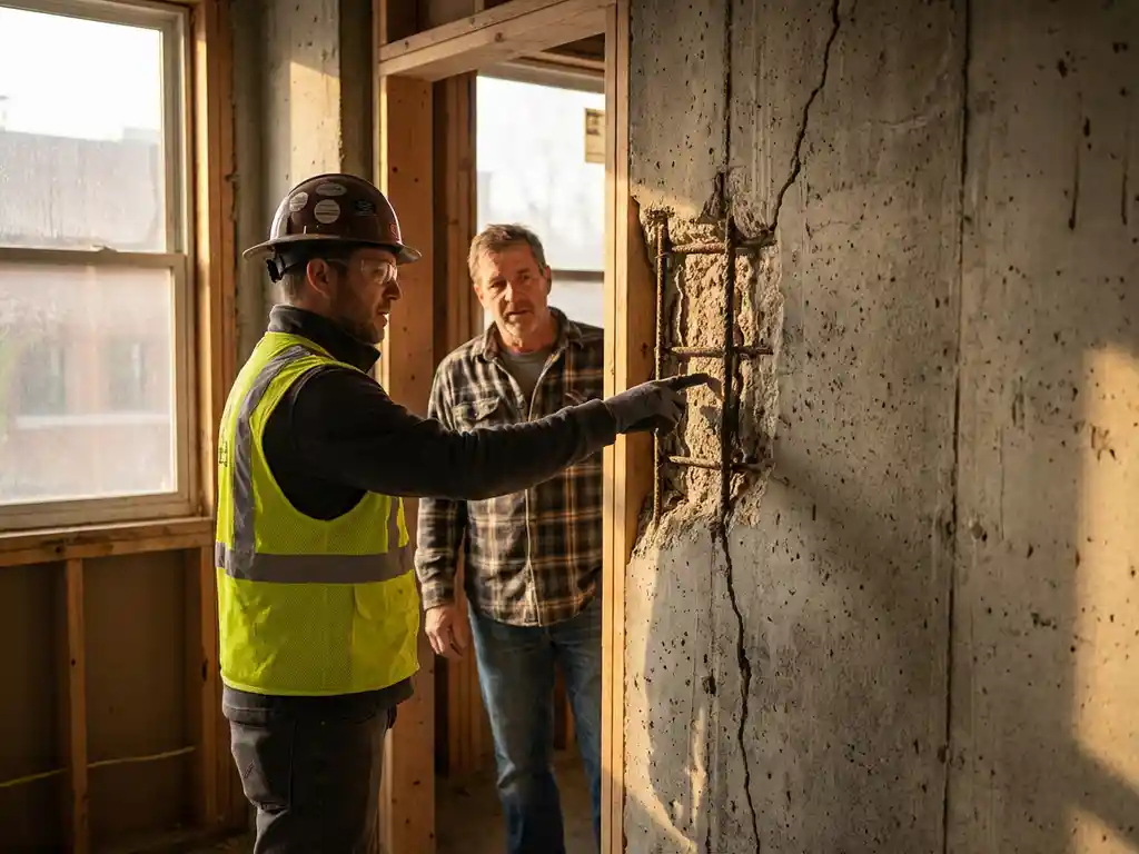 Bouwvakker in veiligheidskleding onderzoekt betonnen muur met wapening terwijl hij overlegt met buur in deuropening