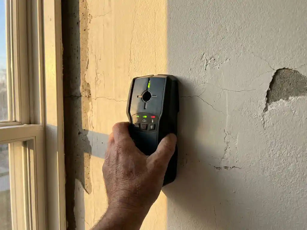 Hand houdt professionele balkzoeker tegen witte muur met subtiele scheurtjes bij raamkozijn, warme middagzon benadrukt wandtextuur